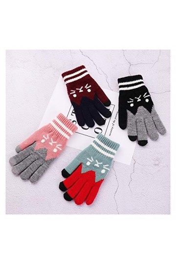 HSJM Gants Mode dhiver Gants Écran Tactile Cartoon Cat Imprimer Laine Tricotée Gants Fille Pleine Doigts Gants Chauds Color
