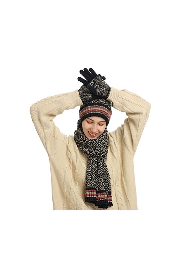 PHLCEhot Lot de 3 bonnets dhiver longs pour écran tactile, gants en tricot épais pour femme et fille, Rayures rouges., S/3XL