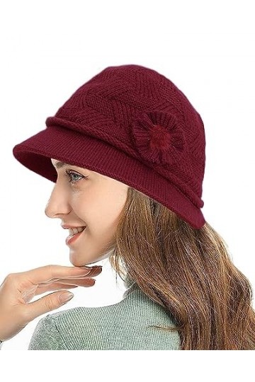 Yutdeng Casquette à Bord pour Femme Bobs Tricoté Élégant Bonnet à Visière Thermique Chapeau en Polaire Beanie Chaud Français 