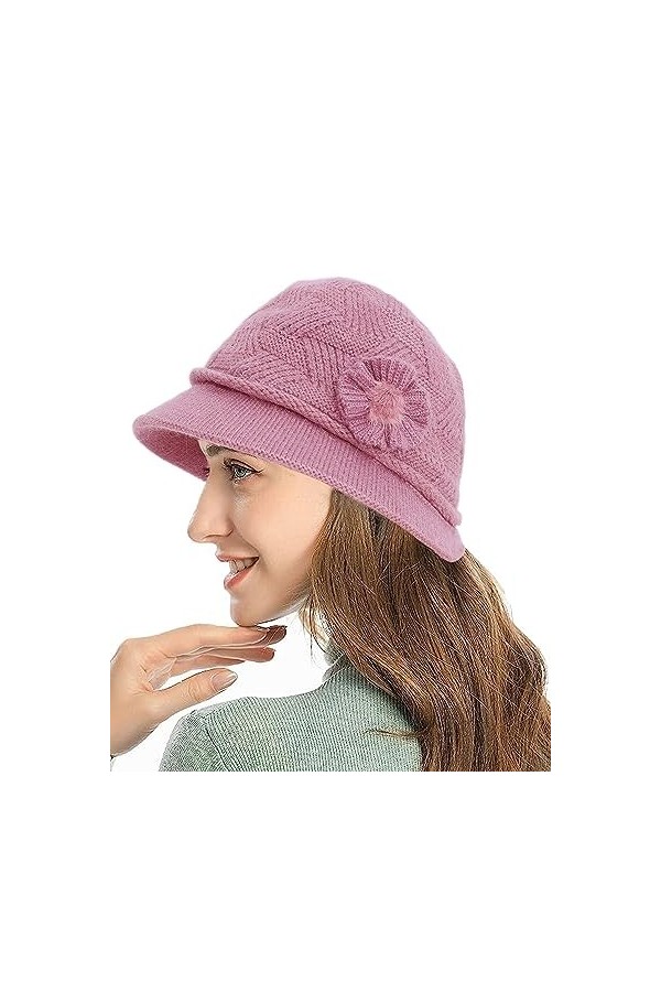 Yutdeng Casquette à Bord pour Femme Bobs Tricoté Élégant Bonnet à Visière Thermique Chapeau en Polaire Beanie Chaud Français 