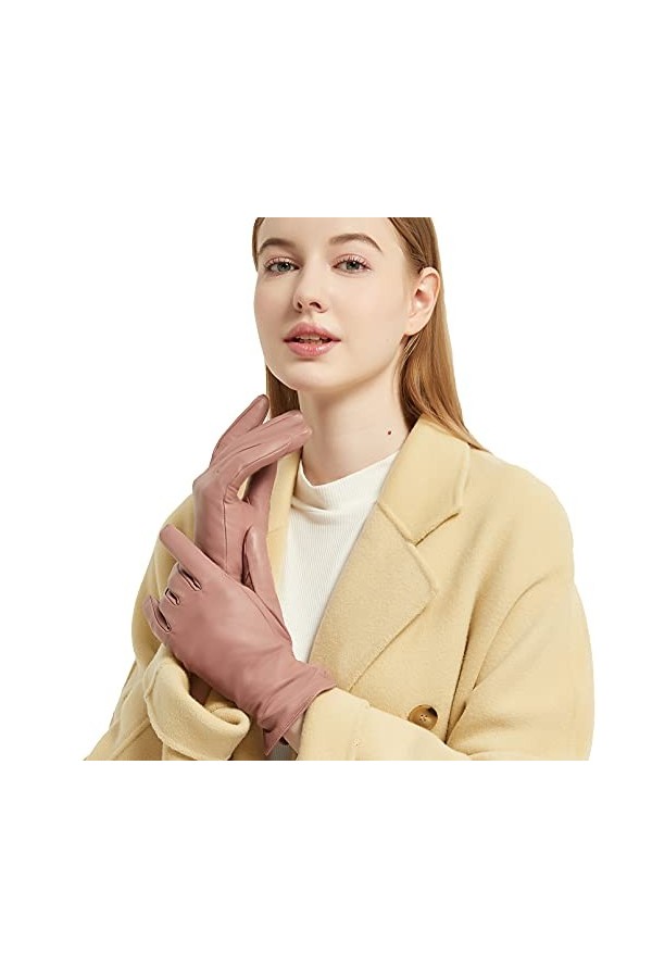 NOVBJECT Gants Hiver Femme Cuir Écran Tactile Chaud Nappa Italien Gant Sport Mitaines Conduite Cyclistes, Rose, M