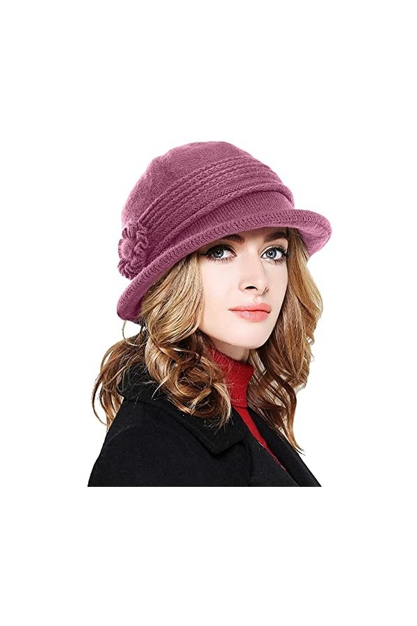 Yutdeng Casquette à Bord pour Femme Bobs Tricoté Élégant Bonnet à Visière Chapeau en Doublure Polaire Beanie Plus Chaud Franç