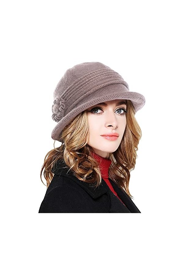 Yutdeng Casquette à Bord pour Femme Bobs Tricoté Élégant Bonnet à Visière Chapeau en Doublure Polaire Beanie Plus Chaud Franç