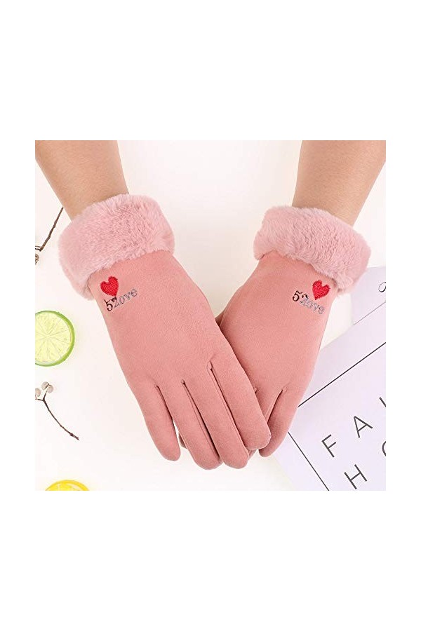 Femme Gants dhiver,Gants À Écran Tactile Broderie en Forme De Coeur Rose Gants Élastiques Confortables Dames Doux Coupe-Vent