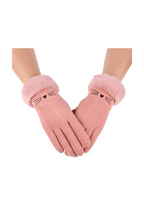 RFEGEF Femme Gants dhiver,Gants À Écran Tactile Moustaches De Chat Rose Broderie Gants Élastiques Confortables Dames Doux Co