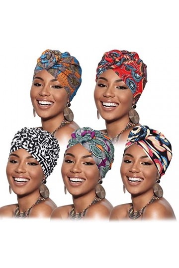 DRESHOW 5 Pièces Turban Africain pour Femme Bonnet Pré-noué Bonnet Chimio Casquette de Perte de Cheveux Chapeau,Taille unique