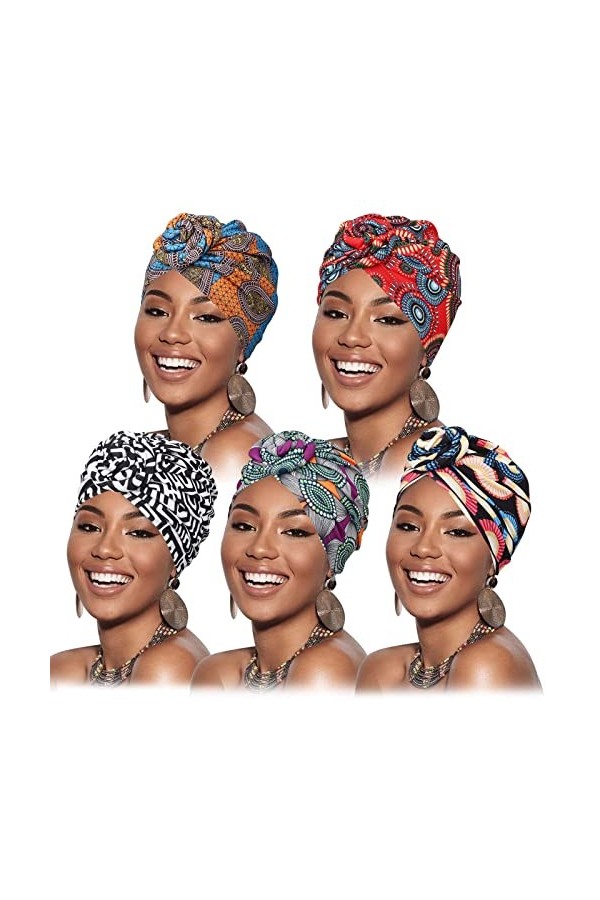 DRESHOW 5 Pièces Turban Africain pour Femme Bonnet Pré-noué Bonnet Chimio Casquette de Perte de Cheveux Chapeau,Taille unique