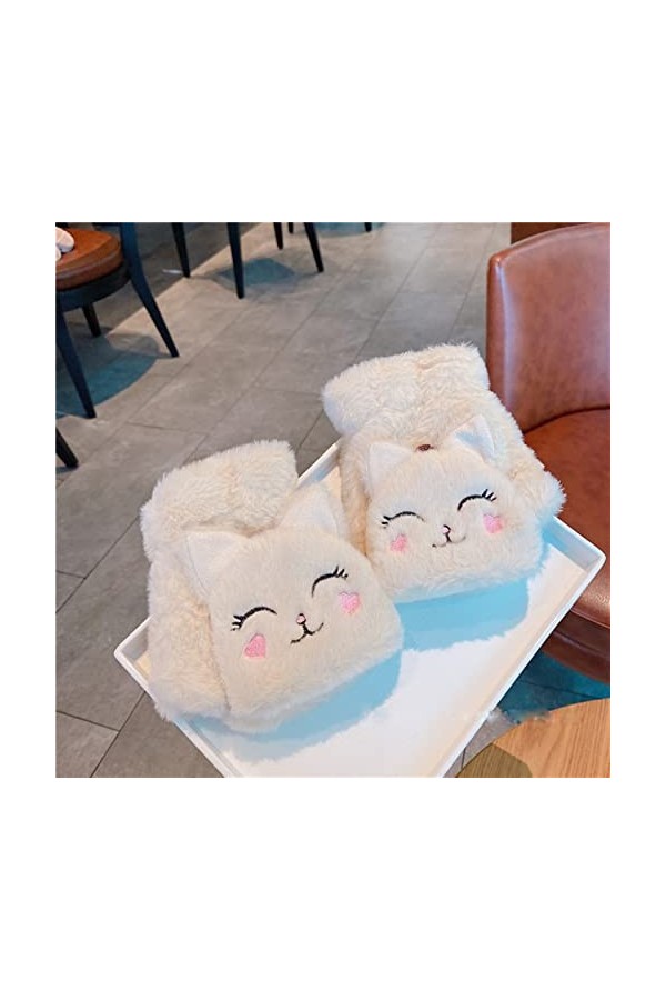 XIBEIRIHUA Gants en Cuir pour Femme Hiver Mignon Chat Ours de Lapin Fourrure Fourrure Flip Gant sans Doigt Peluche épaissie é