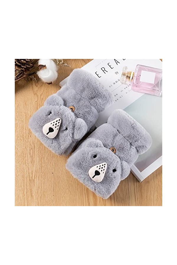 XIBEIRIHUA Gants en Cuir pour Femme Hiver Mignon Chat Ours de Lapin Fourrure Fourrure Flip Gant sans Doigt Peluche épaissie é
