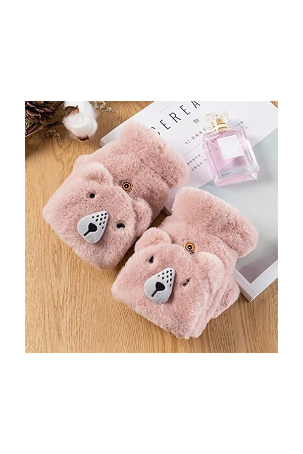 XIBEIRIHUA Gants en Cuir pour Femme Hiver Mignon Chat Ours de Lapin Fourrure Fourrure Flip Gant sans Doigt Peluche épaissie é