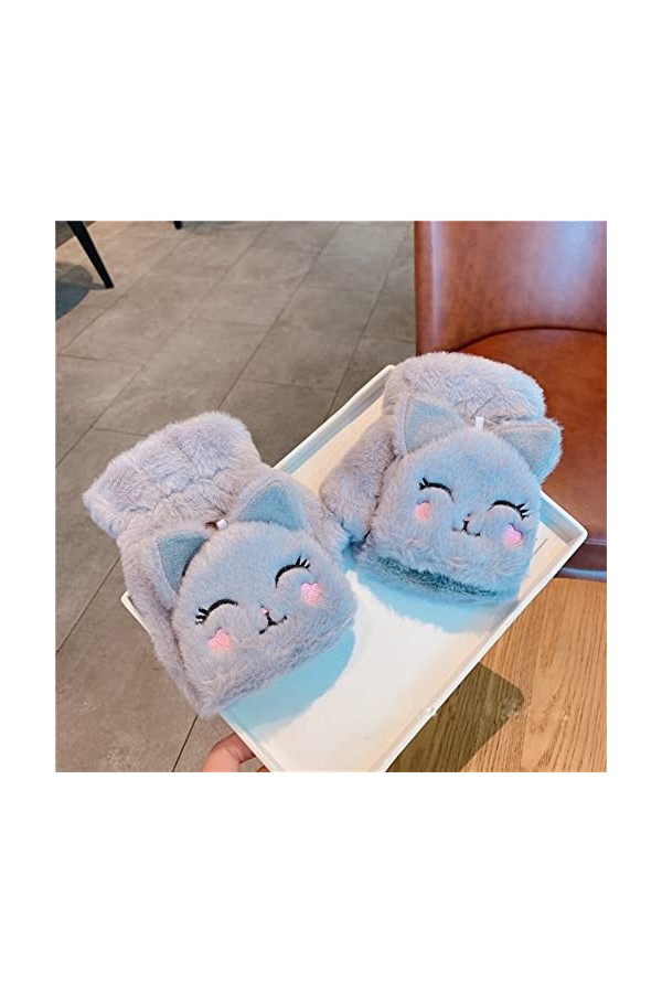XIBEIRIHUA Gants en Cuir pour Femme Hiver Mignon Chat Ours de Lapin Fourrure Fourrure Flip Gant sans Doigt Peluche épaissie é