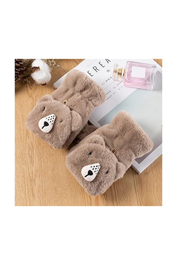 XIBEIRIHUA Gants en Cuir pour Femme Hiver Mignon Chat Ours de Lapin Fourrure Fourrure Flip Gant sans Doigt Peluche épaissie é