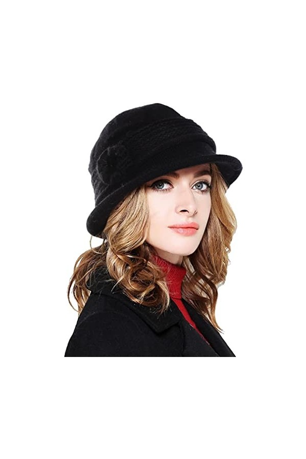 CheChury Bonnet Hiver Femme Chaud Bonnet Tricoté Élégant Douce Chapeau Melon Vintage Femmes Chapeau avec Fleur Hiver Classiqu