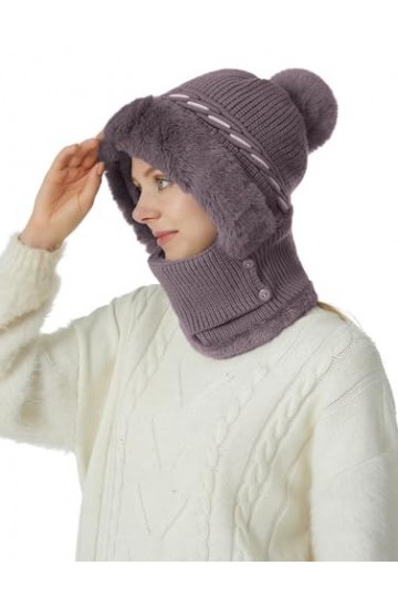 crazy bean Bonnet Femme Hiver Chaud avec Pompon Chapeau décharpe Tricoté Casquette Masque Facial Doublure en Peluche（Violett
