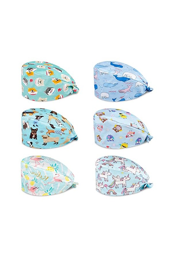 Comius Sharp 6 Pièces Casquettes Imprimé Douces Gommage Bouffant Casquette Turban en Coton Bonnet à Récurer Réglable avec Ban