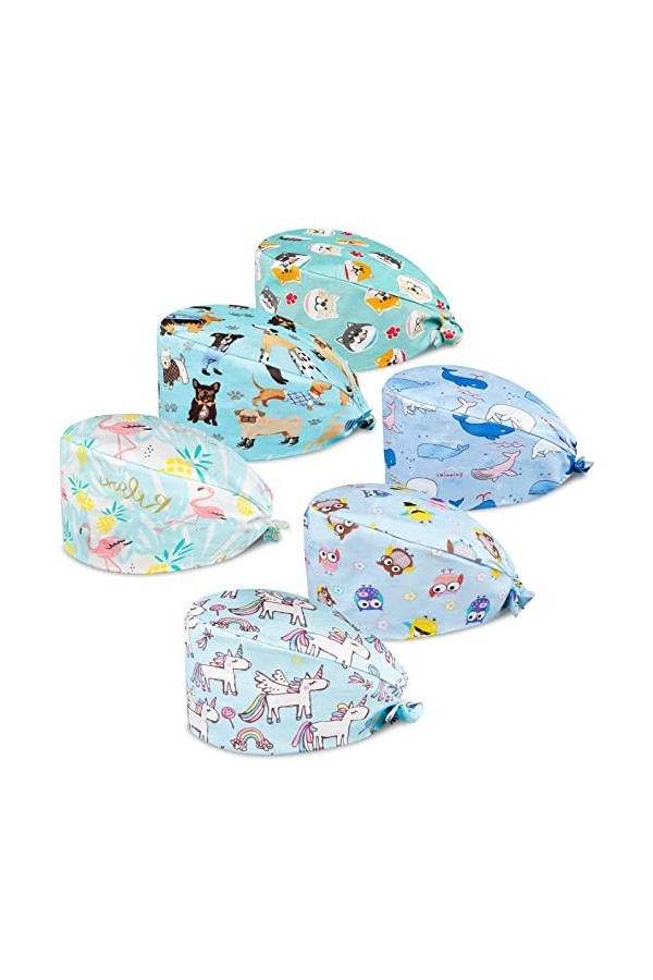 Comius Sharp 6 Pièces Casquettes Imprimé Douces Gommage Bouffant Casquette Turban en Coton Bonnet à Récurer Réglable avec Ban