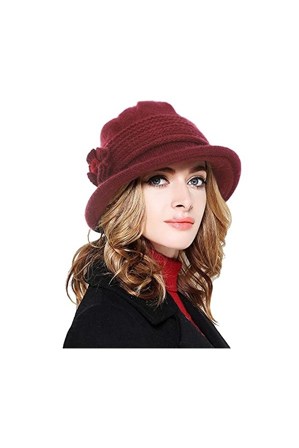 CheChury Bérets Chapeaux Melon Femme Hiver Femme Fleur élégante Laine Chaud Rétro Casquette Simple Beret Bonnets Cloche Chape