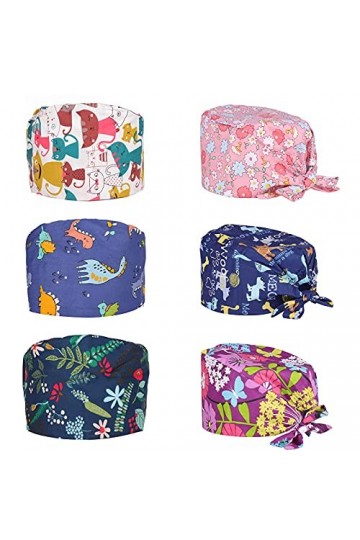 Comius Sharp 6 Pièces Casquettes Imprimé Douces Gommage Bouffant Casquette Turban en Coton Bonnet à Récurer Réglable avec Ban
