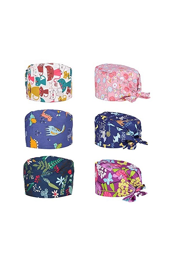 Comius Sharp 6 Pièces Casquettes Imprimé Douces Gommage Bouffant Casquette Turban en Coton Bonnet à Récurer Réglable avec Ban