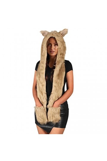 Bonnet écharpe moufles multifonction en fausse peluche pour femme, kaki, taille unique