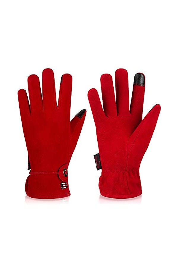 Klobvtt Gants décran tactile pour femmes, écran tactile, hiver, gants de protection chauds, mitaines en cuir de daim, avec d