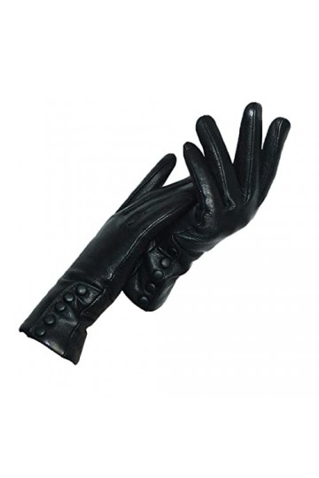 Gants en cuir véritable pour femme - Doux - Épais - Avec nœud - Pour lhiver et lautomne - En cuir véritable noir chaud
