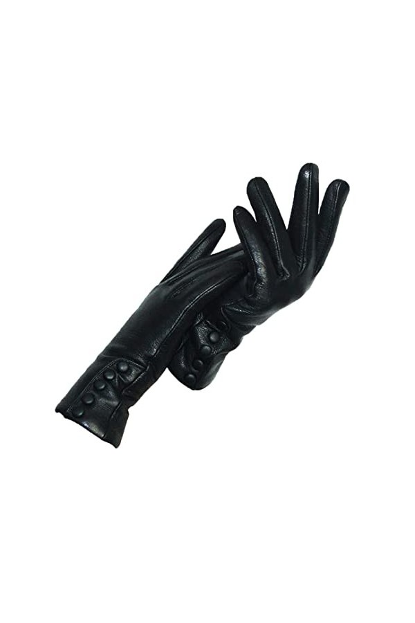 Gants en cuir véritable pour femme - Doux - Épais - Avec nœud - Pour lhiver et lautomne - En cuir véritable noir chaud