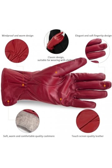 ZLUXURQ Gants en cuir dagneau véritable doux rouge pour femmes avec écran tactile pour temps froid doublés en cachemire
