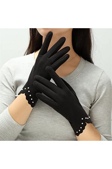 Automne Hiver Mince Perle Dentelle Plein Doigt Chaud Ecran Gants de Conduite Femme Sports de Plein Air Moufles de Cyclisme