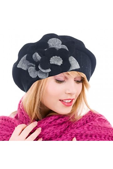 Ruphedy Bérets Femme Laine Français Béret Classique Angola Bonnet Hiver Chapeaux BR022-Noir 