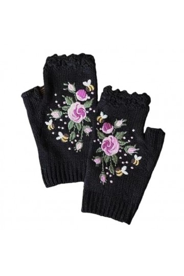 EMIGOS Gants de broderie faits à la main, gants brodés à la main, gants sans doigts de fleurs brodées tricotées chaudes pour 