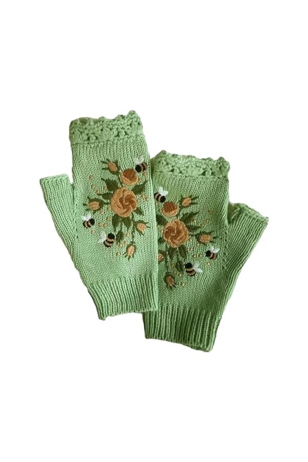 EMIGOS Gants de broderie faits à la main, gants brodés à la main, gants sans doigts de fleurs brodées tricotées chaudes pour 