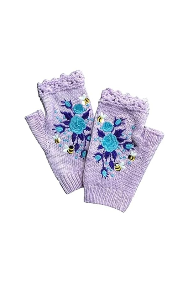 EMIGOS Gants de broderie faits à la main, gants brodés à la main, gants sans doigts de fleurs brodées tricotées chaudes pour 
