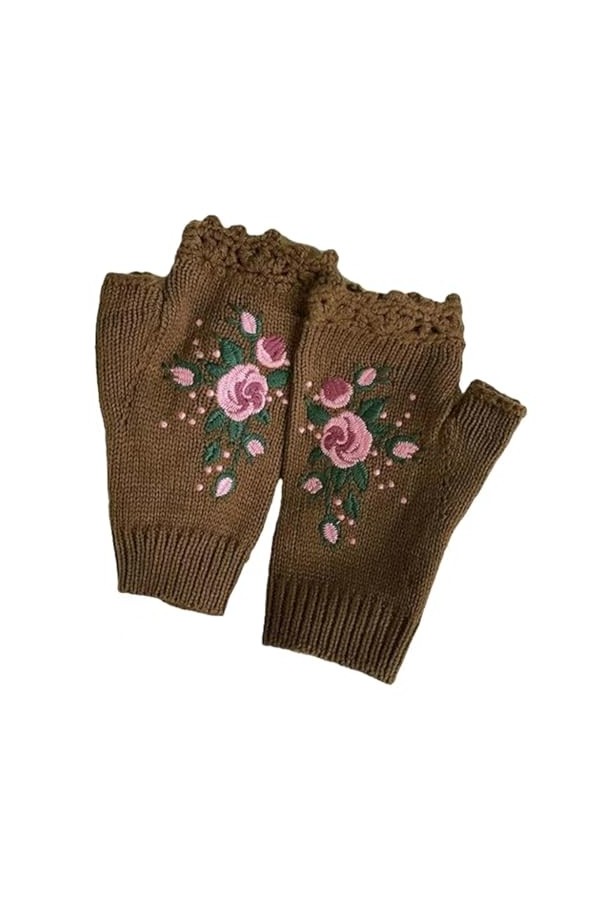 EMIGOS Gants de broderie faits à la main, gants brodés à la main, gants sans doigts de fleurs brodées tricotées chaudes pour 