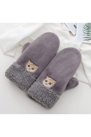 Gants Femme， Femme mignon dessin animé chat broderie Plus velours épais chaud mitaines de conduite femmes hiver cachemire tri