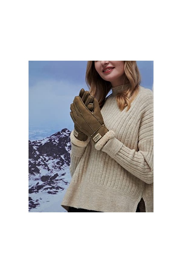 YISEVEN Hiver Femmes Gants en Cuir Peau de Mouton Moelleux Poignet en Sherpa Fourrure de Laine Doublé Chauffé Pour lHiver Co