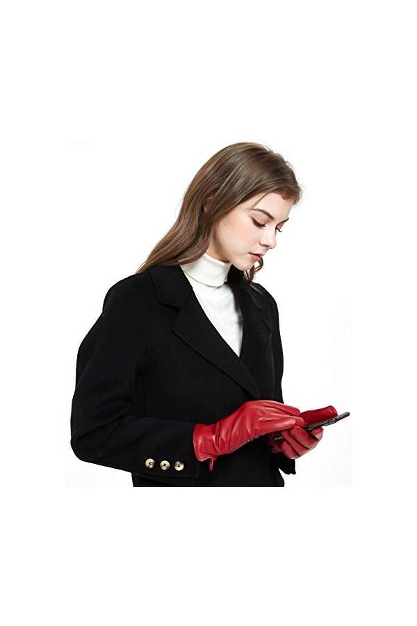 ZLUXURQ Gants dhiver à écran tactile en cuir dagneau véritable doux pour femmes rouge doublés en cachemire, M