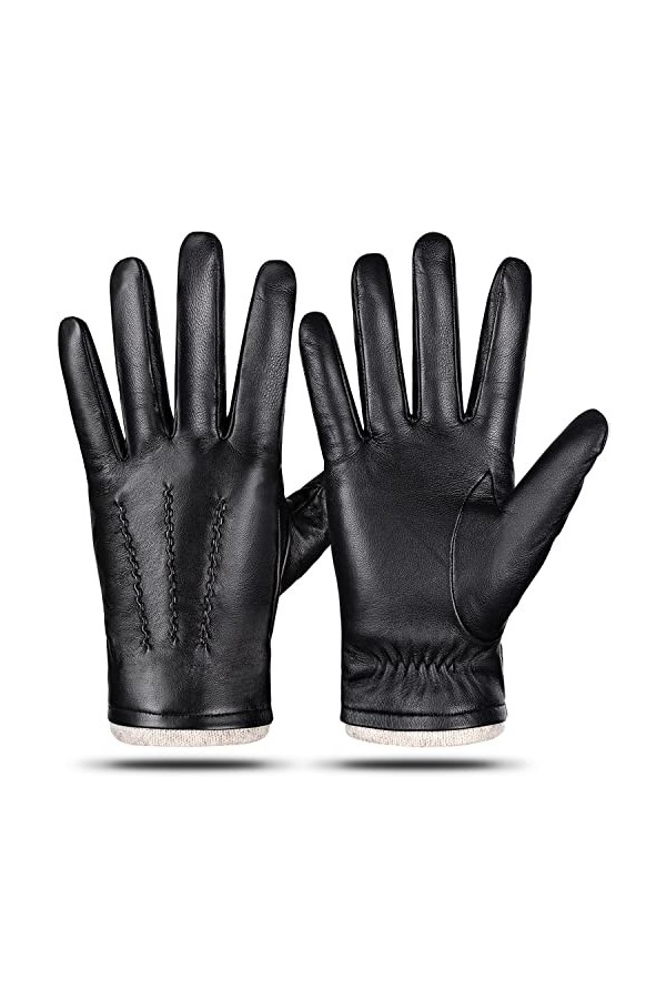 QNLYCZY Gants en cuir de mouton véritable pour homme, doublure en cachemire, écran tactile, gants de conduite de moto, Noir ,