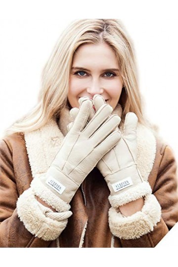 YISEVEN Hiver Femmes Gants en Cuir Peau de Mouton Moelleux Poignet en Sherpa Fourrure de Laine Doublé Chauffé Pour lHiver Co