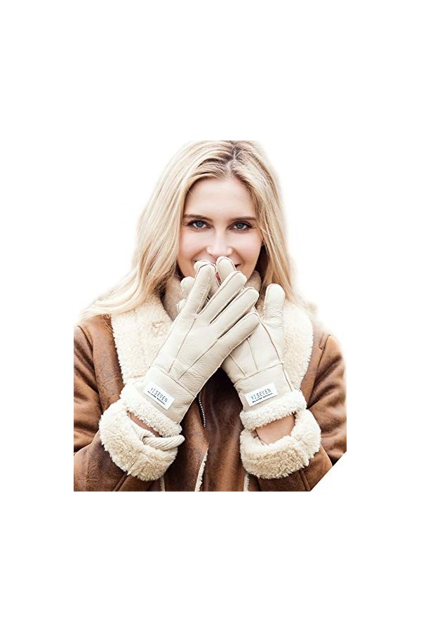 YISEVEN Hiver Femmes Gants en Cuir Peau de Mouton Moelleux Poignet en Sherpa Fourrure de Laine Doublé Chauffé Pour lHiver Co
