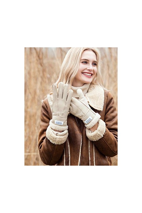 YISEVEN Hiver Femmes Gants en Cuir Peau de Mouton Moelleux Poignet en Sherpa Fourrure de Laine Doublé Chauffé Pour lHiver Co