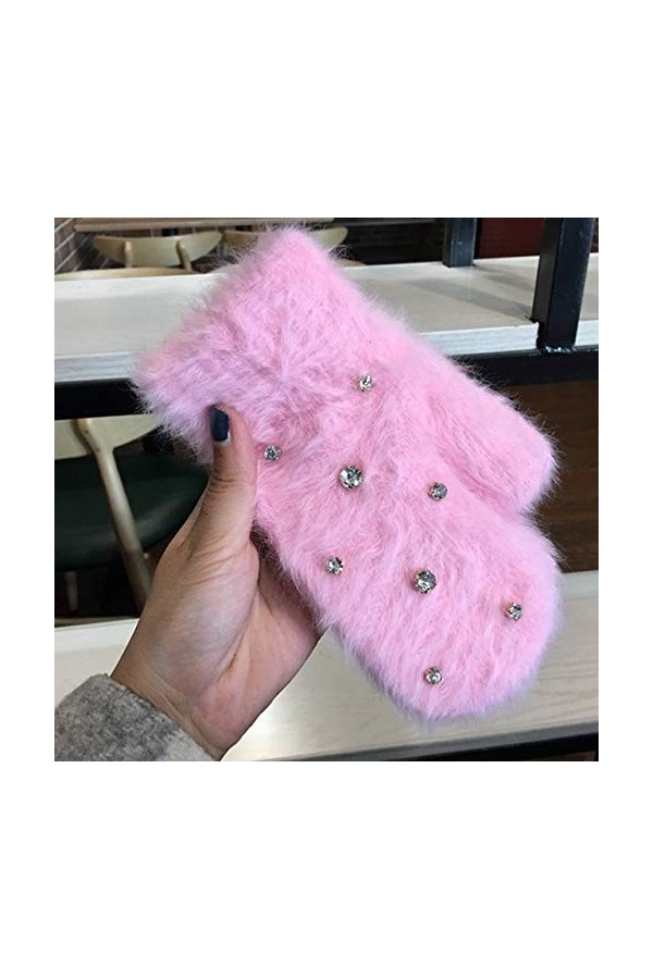 WOTEMAILE Mode Filles Gants DHiver Couleur Solide Strass Moufles Doux Chaud Couleur Bonbon Double Couche Femme Gants