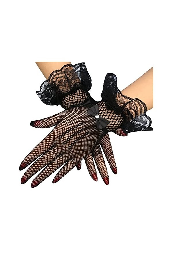 Saturey Gants de Protection Solaire dété Femmes Maille résille Gants Courts évider Gants Sexy Doigt Complet Noir Mitaines ma