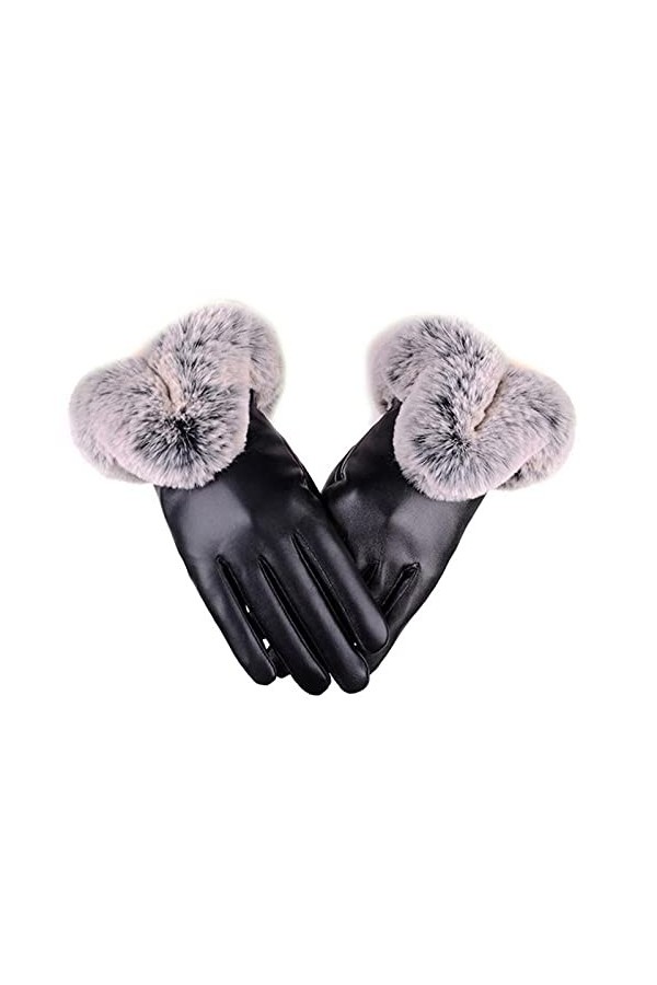 CCTUNG Gants en Coton Femmes Gants dhiver Faux Rabbit PU Le Cuir Tactile Mittens Lady Femme Drive DExtérieur Gants Chauds-W