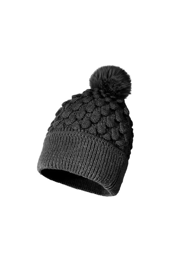 JFAN Bonnet Tricoté Pompon Fourrure Femme dhiver Bonnets Hiver Chaud Chic Casquettes Bonnet Unisex Doublure,Rouge,Taille Uni