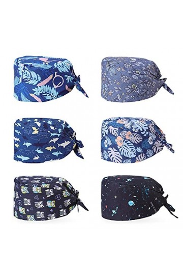 XiYee 6 Pièces Chapeaux de Travail, Réglable Imprimé Coton Bonnet Casquette Turban, Unisexe Chapeau de beauté avec Bandeau Ab