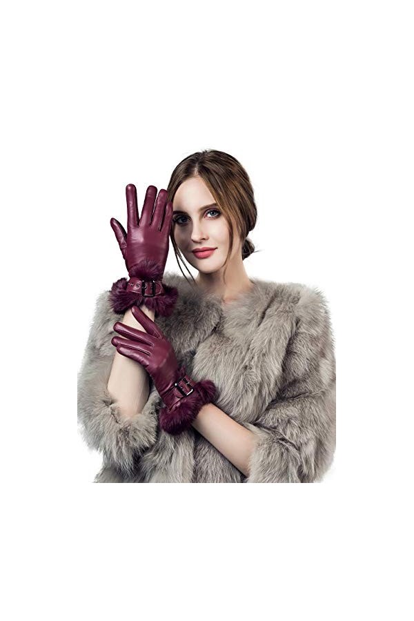 YISEVEN Gants en Cuir Peau de Mouton Agneau Véritable Femme Nouveau Hiver Écran Tactile Chaud Lapin Fourrure Laine Doublée El