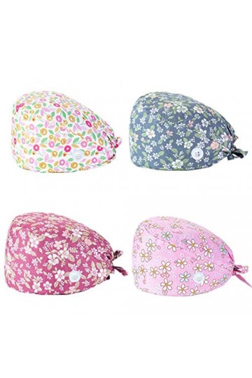 SIMYJOY 4 Pièces Casquettes Bouffantes avec Boutons Bandeau Réglable Casquettes de Travail Turban en Coton Bonnet Imprimées C