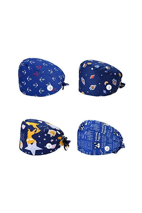 SIMYJOY 4 Pièces Casquettes Bouffantes avec Boutons Bandeau Réglable Casquettes de Travail Turban en Coton Bonnet Imprimées C