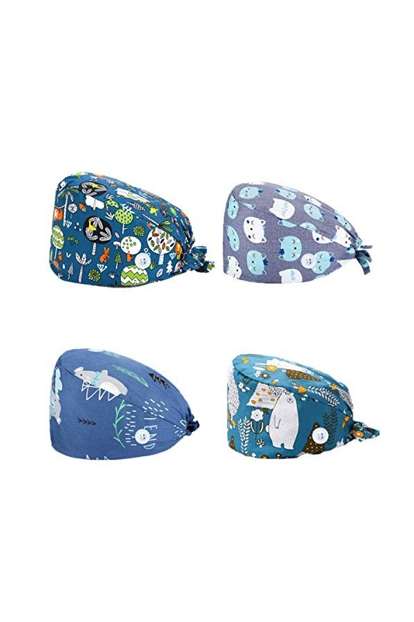 SIMYJOY 4 Pièces Casquettes Bouffantes avec Boutons Bandeau Réglable Casquettes de Travail Turban en Coton Bonnet Imprimées C